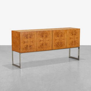 Milo Baughman - Burl Credenza: A vintage burl credenza on steel legs by Milo Baughman for Thayer Coggin. Label inside of drawer. 35 x 72 x 18.5. Measurements are in inches. (Height x Width x Depth)