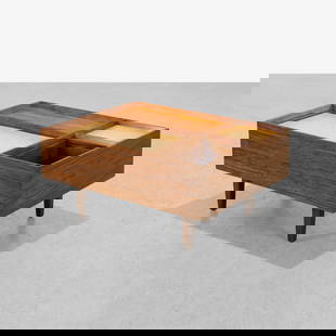 Milo Baughman - Coffee Table: A vintage coffee table with sliding and adjustable cork top by Milo Baughman for Drexel Persepctive. 20 x 42 x 32. Measurements are in inches. (Height x Width x Depth)