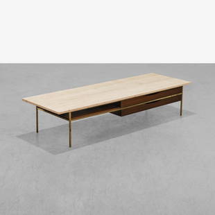 Paul McCobb - Coffee Table: A marble top coffee table with brass and ebonized cabinet base by Paul McCobb for Calvin's Irwin Collection. Model 8706. 15 x 72 x 24. Measurements are in inches. (Height x Width x Depth)