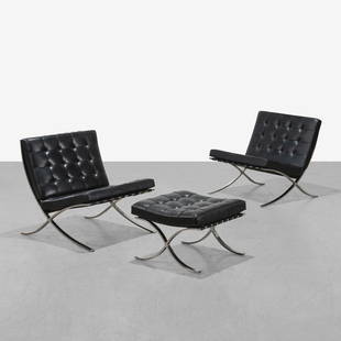 Mies Van Der Rohe - Barcelona Chairs & Ottoman: A pair of vintage 'Barcelona' chairs, in black leather, for Knoll. Chair - 30 x 30 x 30 / Ottoman - 16 x 25 x 23 . Measurements are in inches. (Height x Width x Depth)