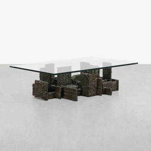 Paul Evans - Coffee Table: A vintage sculpted bronze resin coffee table, model PE 131, with glass top by Paul Evans for Directional. Signed, PE71 on base. 16 x 60 x 36. Measurements are in inches. (Height x Width x Depth)