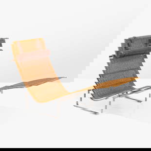 Poul Kjaerholm - PK24 Chaise Lounge: A steel and wicker chaise lounge by Poul Kjaerholm with leather head cushion. Early production. 33 x 60 x 26.5. Measurements are in inches. (Height x Width x Depth)