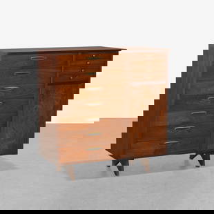 George Nakashima - Origins High Chest: A walnut high chest with burl accented door by George Nakashima for Widdicomb 'Origins'. 50 x 47.5 x 22.5. Measurements are in inches. (Height x Width x Depth)