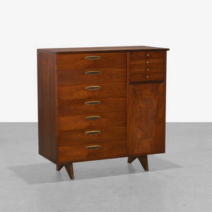 George Nakashima - Origins High Chest: A walnut high chest with burl accented door by George Nakashima for Widdicomb 'Origins'. 50 x 47.5 x 22.5. Measurements are in inches. (Height x Width x Depth)