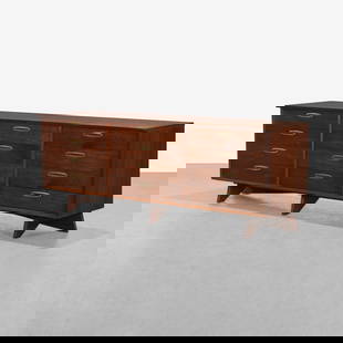 George Nakashima - Origins Dresser: A twelve drawer walnut dresser with sculpted walnut trestle legs. 32.5 x 90 x 22.5. Measurements are in inches. (Height x Width x Depth)