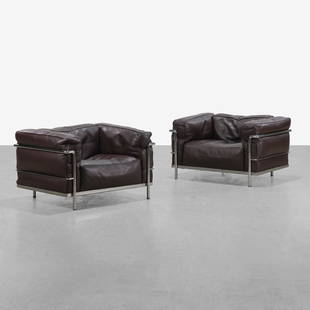 Le Corbusier - LC3 Club Chairs: A pair of LC3 club chairs in leather by Le Corbusier for Cassina. Marked under arm with serial number. 24 x 40 x 29.5. Measurements are in inches. (Height x Width x Depth)