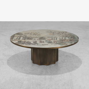 Philip & Kelvin Laverne - 'Odyssey' Coffee Table: An etched and patinated bronze and pewter 'Odyssey' coffee table by Philip and Kelvin Laverne. 17 x 47. Measurements are in inches. (Height x Width x Depth)