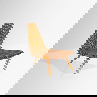 Joaquim Tenreiro - Three Legged Chair: A laminated and lacquered hardwood 'Three-Legged' (Chaise A Trouis Pieds) chair by Joaquim Tenreiro, Brazil. Made out of purple heart, pao amarello, amburana, brazilian walnut, and crabwood. Partial l