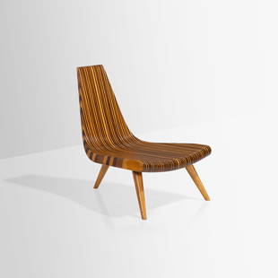 Joaquim Tenreiro - Three Legged Chair: A laminated and lacquered hardwood 'Three-Legged' (Chaise A Trouis Pieds) chair by Joaquim Tenreiro, Brazil. Made out of purple heart, pao amarello, amburana, brazilian walnut, and crabwood. Partial l