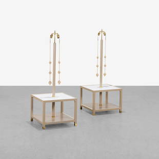 Tommi Parzinger - Floor Lamps: A pair of lacquered floor lamp tables with original swag pulls by Tommi Parzinger for Parzinger Originals. Stamped on bottom. 58 x 22.5 x 22.5. Measurements are in inches. (Height x Width x Depth)