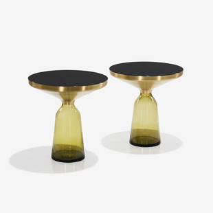 Sebastian Herkner - Bell Side Tables: A pair of brass and topaz blown glass 'Bell' side tables by Sebastian Herkner for ClassiCon. 21 x 19.5. Measurements are in inches. (Height x Width x Depth)