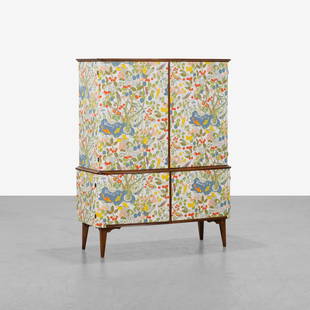 Swedish Flora Cabinet: A vintage Swedish cabinet with applied color lithographs. Unmarked. 58.5 x 45 x 18.5. Measurements are in inches. (Height x Width x Depth)