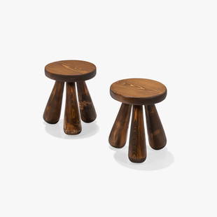 French Style Stools: A pair of reproduction milking stools in the manner of Ingvar Hildingsson and Charlotte Perriand. 12 x 10. Measurements are in inches. (Height x Width x Depth)