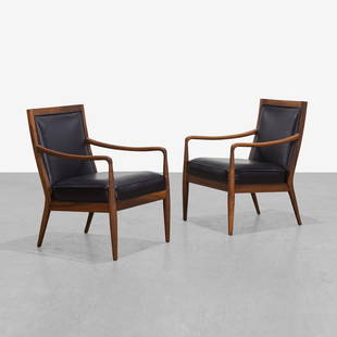 Lawrence Peabody - Lounge Chairs: A pair of vintage arm chairs by Lawrence Peabody for Richardson Nemschoff. Restored walnut frames and newly upholstered in 'eggplant' color leather. 32.5 x 23.5 x 24.5. Measurements are in inches. (He