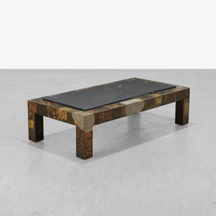 Paul Evans - Patchwork Coffee Table: A patchwork metal coffee table with a slate top by Paul Evans for Directional. 16 x 60 x 30. Measurements are in inches. (Height x Width x Depth)