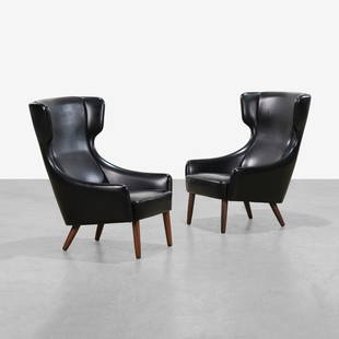 Scandinavian Wingback Lounge Chairs: A pair of Scandinavian wingback lounge chairs with rosewood legs. 39 x 30.5 x 27. Measurements are in inches. (Height x Width x Depth)