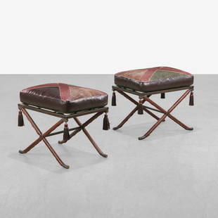 Steel & Leather Ottomans: A pair of heavy steel ottomans with unique 'specimen' style leather cushions, made with different styles and patterns of leather. 22.5 x 25.5 x 18. Measurements are in inches. (Height x Width x Depth)