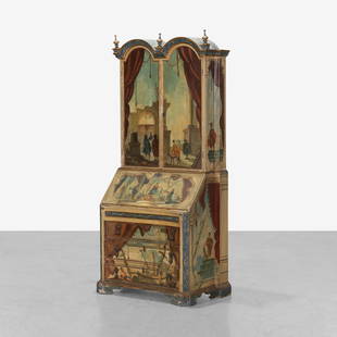 Antique Venetian Painted Secretary Desk: An antique Venetian slant front secretary desk with ornate scenic paint decoration throughout. 82 x 39.5 x 20. Measurements are in inches. (Height x Width x Depth)