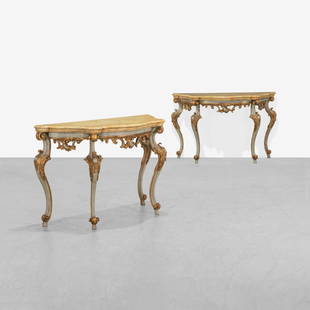 Antique Venetian Console Tables: A pair of antique, Venetian console tables with faux painted tops. 32.5 x 51.5 x 20.5. Measurements are in inches. (Height x Width x Depth)