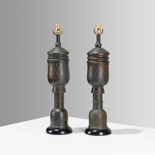 Aldo Londi (Attr.) - Pottery Lamps: A pair of incised pottery lamps attributed to Aldo Londi for Bitossi. Body - 25.5 x 7. Measurements are in inches. (Height x Width x Depth)