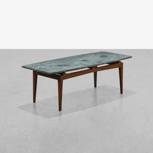 Verde Marble Coffee Table: A vintage coffee table with walnut base and Italian verde marble top. In the manner of Jens Risom. 18.5 x 54.5 x 24. Measurements are in inches. (Height x Width x Depth)