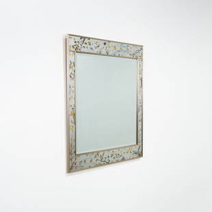 La Barge - Oriental Mirror: A large decorative mirror by La Barge with silvered and reverse painted, chinoiserie decorated panels. Beveled glass. 42 x 38. Measurements are in inches. (Height x Width x Depth)