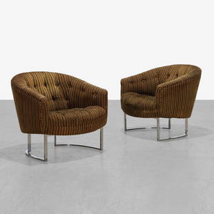 Woodmark Originals - Chrome Tub Chairs: A pair of vintage tub chairs on chromed steel bases by Woodmark Originals. Often attributed to Milo Baughman. 27 x 30 x 28. Measurements are in inches. (Height x Width x Depth)