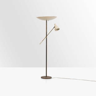 Italian Floor Lamp: A vintage Italian floor lamp with pierced metal shades and adjustable arm. The torchiere style central light has three porcelain sockets, while the adjustable arm takes a single bulb. 64.5 x 26 x 20.