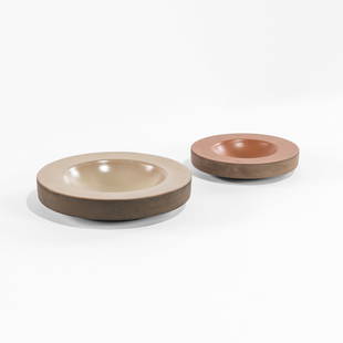 Lee Rosen - Stoneware Ashtrays: Two stoneware dishes by Lee Rosen for Design Technics. 'DT' stamp on underside. Large - 2 x 9 / Small - 1.5 x 7. Measurements are in inches. (Height x Width x Depth)