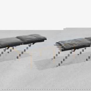 Restoration Hardware - 1960's Links bench: A leather and steel '1960's Links Bench' by Restoration Hardware in the manner of John Behringer. 17 x 66.5 x 22. Measurements are in inches. (Height x Width x Depth)