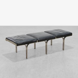 Restoration Hardware - 1960's Links bench: A leather and steel '1960's Links Bench' by Restoration Hardware in the manner of John Behringer. 17 x 66.5 x 22. Measurements are in inches. (Height x Width x Depth)