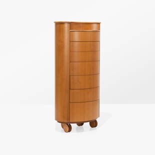 Molteni - Modernist Chest: A modernist cherry high chest on wheels by Molteni, Italy. 52 x 24 x 17. Measurements are in inches. (Height x Width x Depth)