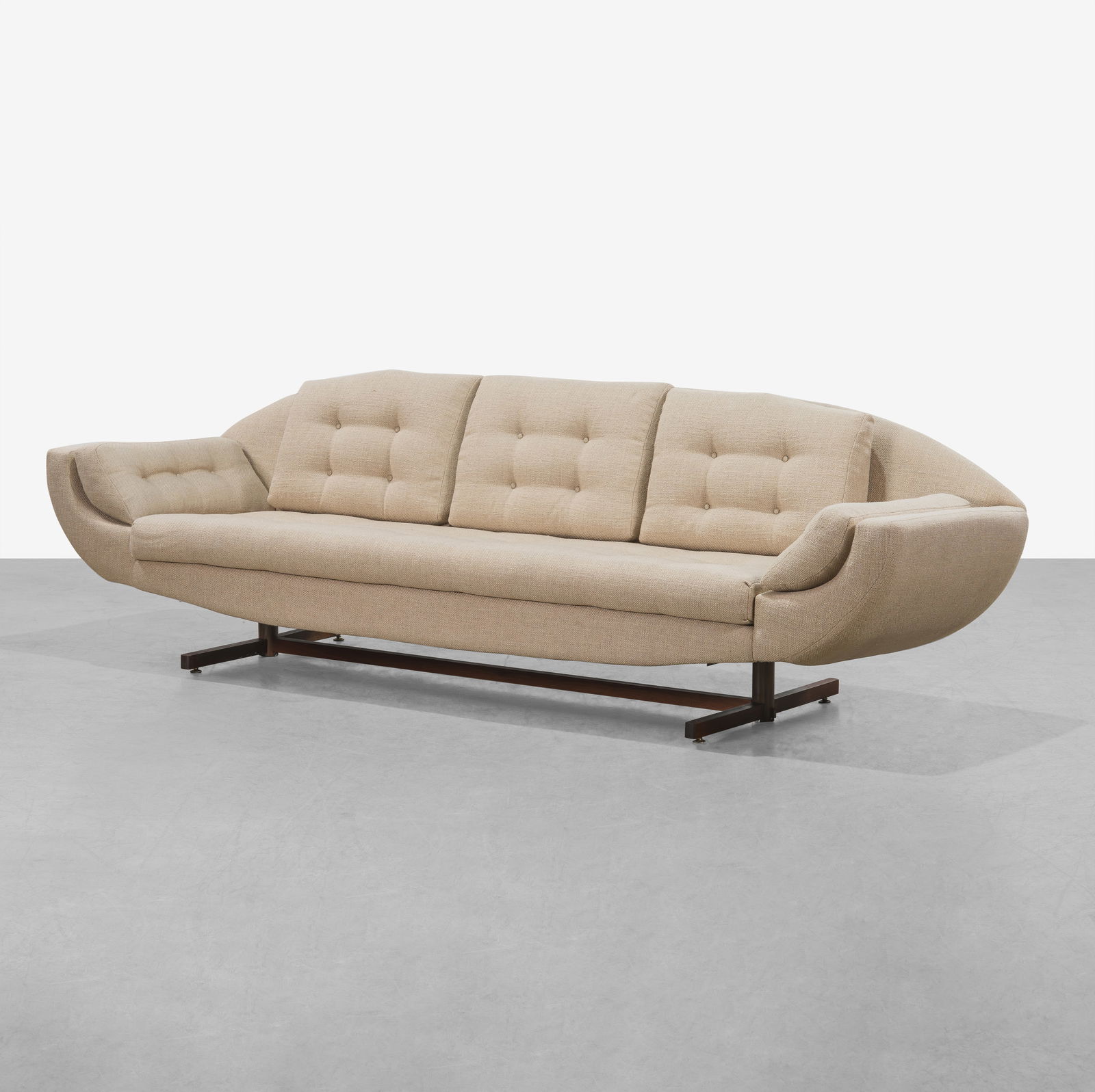 Gondola Sofa: A vintage 'Gondola' style sofa, newly restored and upholstered. 31.5 x 112 x 30. Measurements are in inches. (Height x Width x Depth)