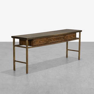 Mastercraft - Console Table: A vintage Mastercraft console table in brass and amboyna burl. 28 x 72 x 18. Measurements are in inches. (Height x Width x Depth)