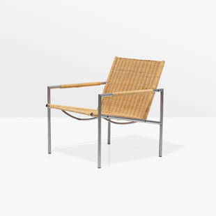 Martin Visser - Lounge Chair: A chrome and wicker/rattan lounge chair by Martin Visser for Spectrum. 27 x 24 x 26. Measurements are in inches. (Height x Width x Depth)