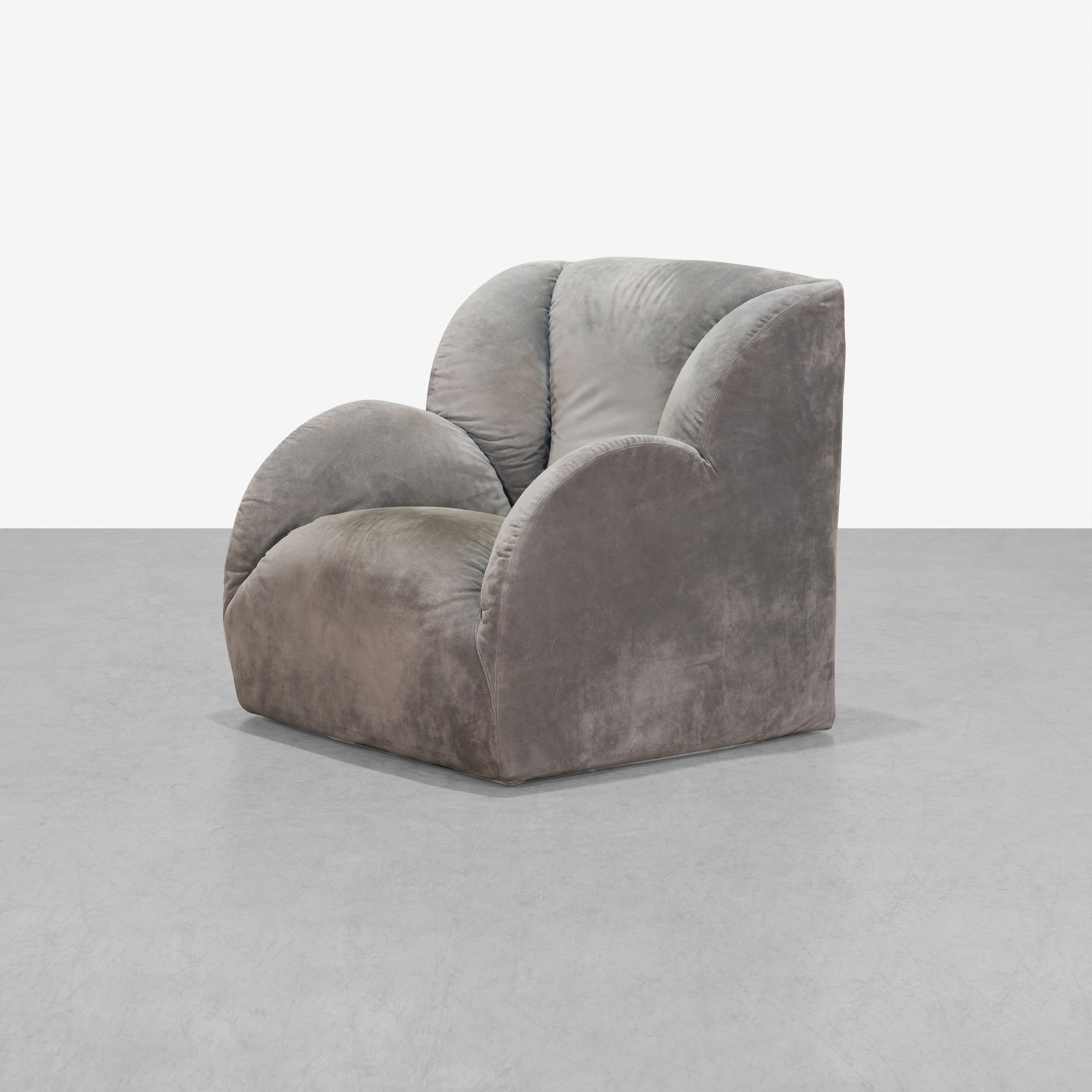 DeRossi, Ceretti & Rosso - Fantico Lounge Chair: A vintage 'Fantico' lounge chair in suede by Giorgio Ceretti, Pietro Derossi and Riccardo Rosso for Gufram, Italy. 35 x 35 x 37. All measurements are in inches. (Height x Width x Depth).