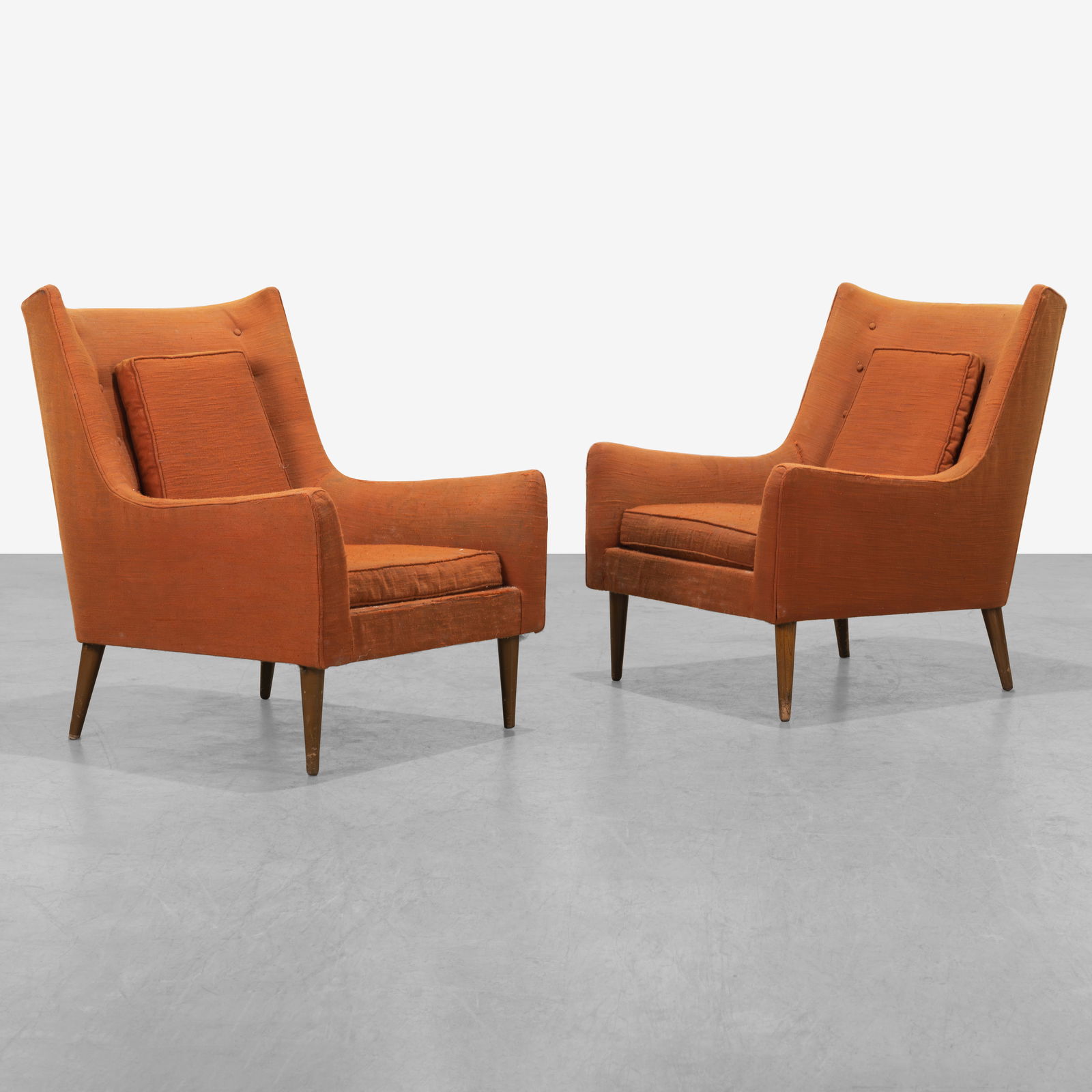 Vintage Lounge Chairs: A pair of vintage lounge chairs, possibly Selig. Unmarked. 36 x 29.5 x 30. All measurements are in inches. (Height x Width x Depth).