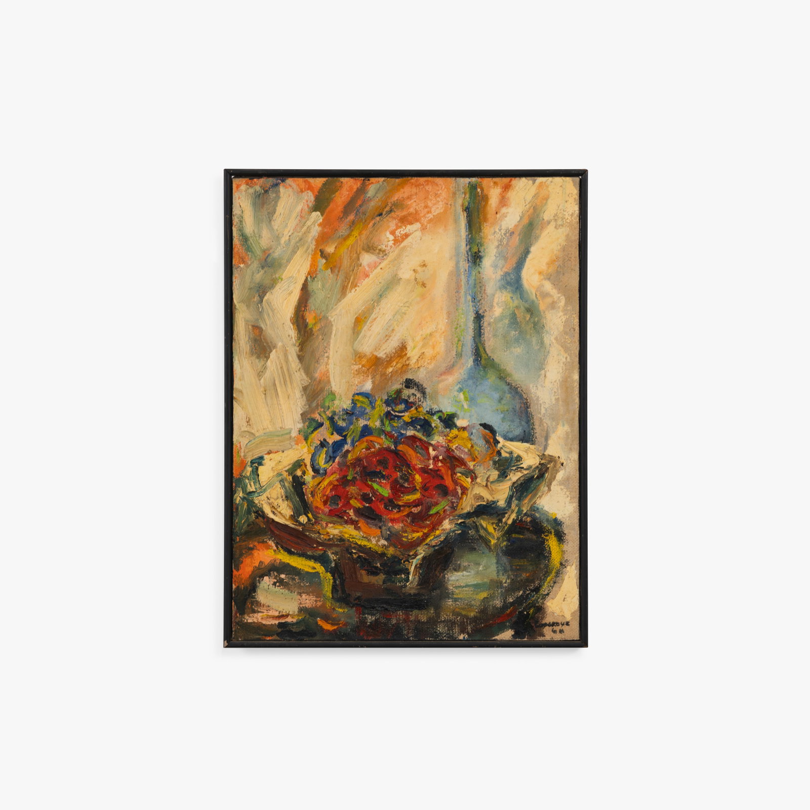 Abstract Still Life: An oil on canvas of an abstract still life, signed and dated illegibly, lower right and verso. 25 x 19. All measurements are in inches. (Height x Width x Depth).