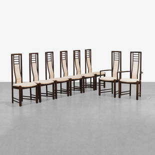 Danish Highback Dining Chairs: A set of eight high-back Danish dining chairs by Gudme Mobelfabrik. Arm - 44 x 21 x 19. All measurements are in inches. (Height x Width x Depth).