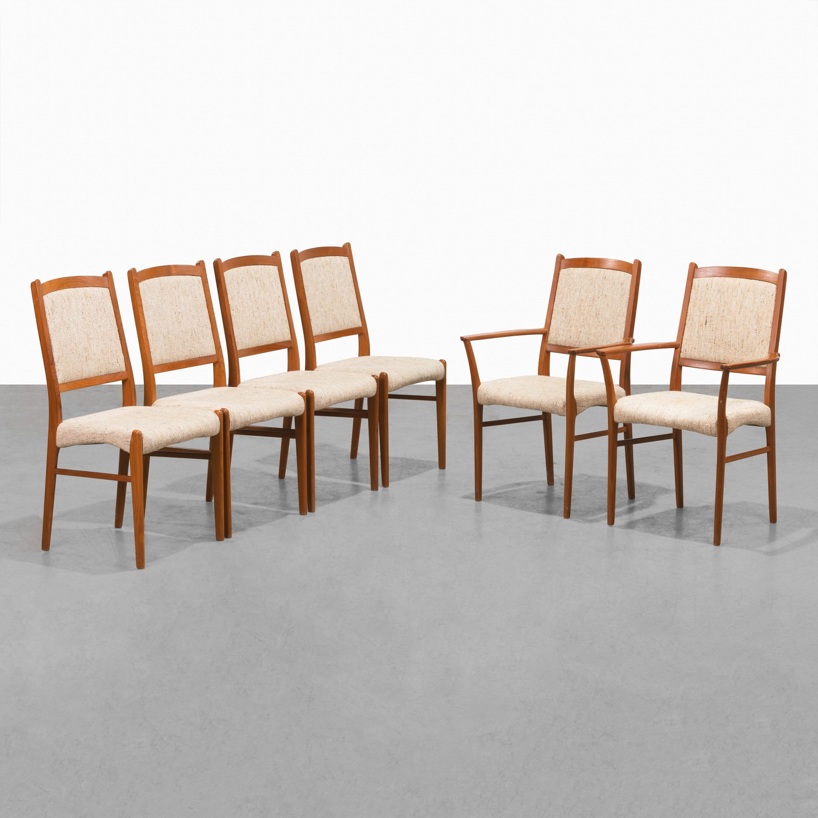 Teak Dining Chairs: A set of six teak dining chairs. Possibly Danish. Arm Chair - 36.5 x 22.25 x 19.5. . All measurements are in inches. (Height x Width x Depth).