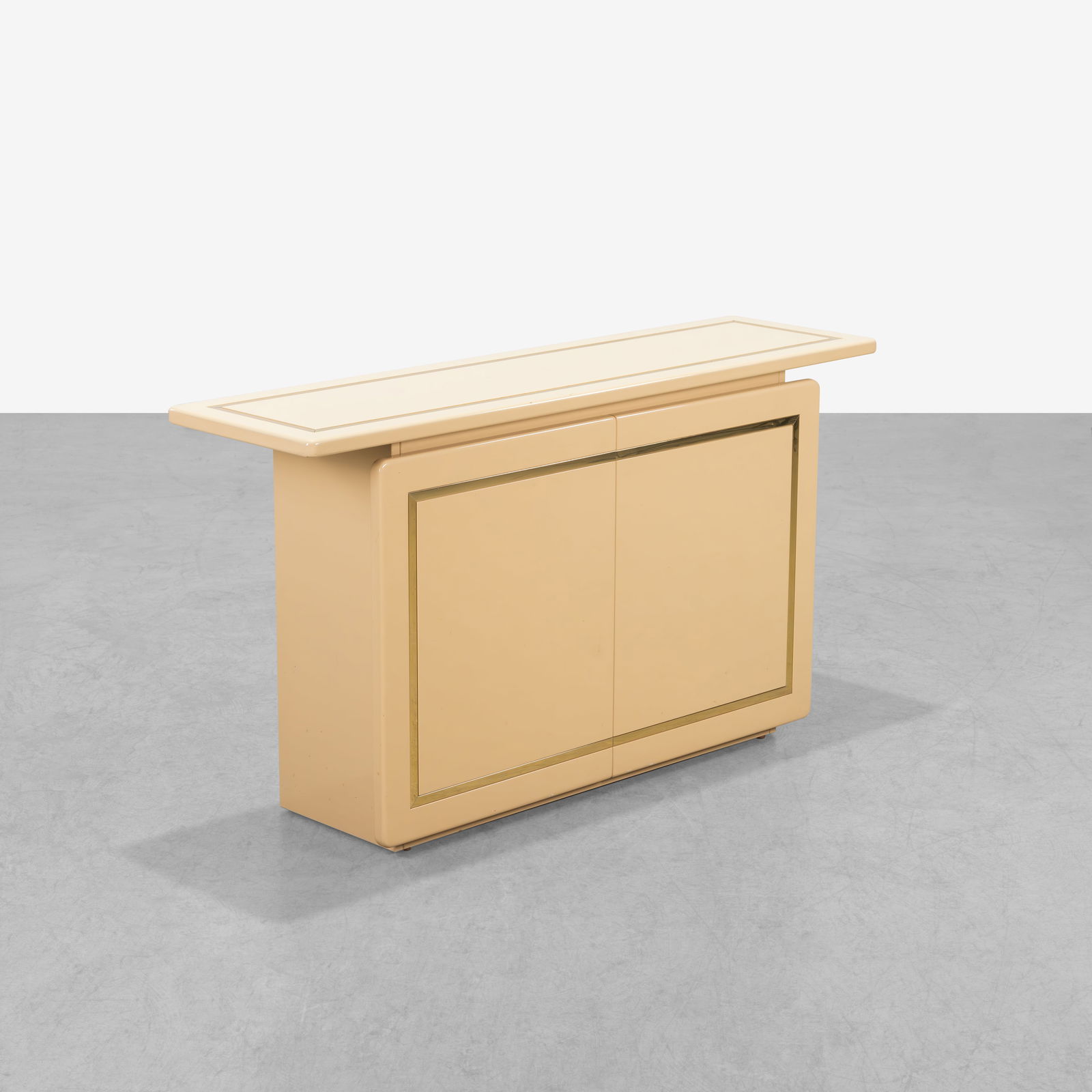 Post Modern Cabinet: A lacquered post modern cabinet with brass trim by Rougier. 29.5. x 54 x 43.25. All measurements are in inches. (Height x Width x Depth).