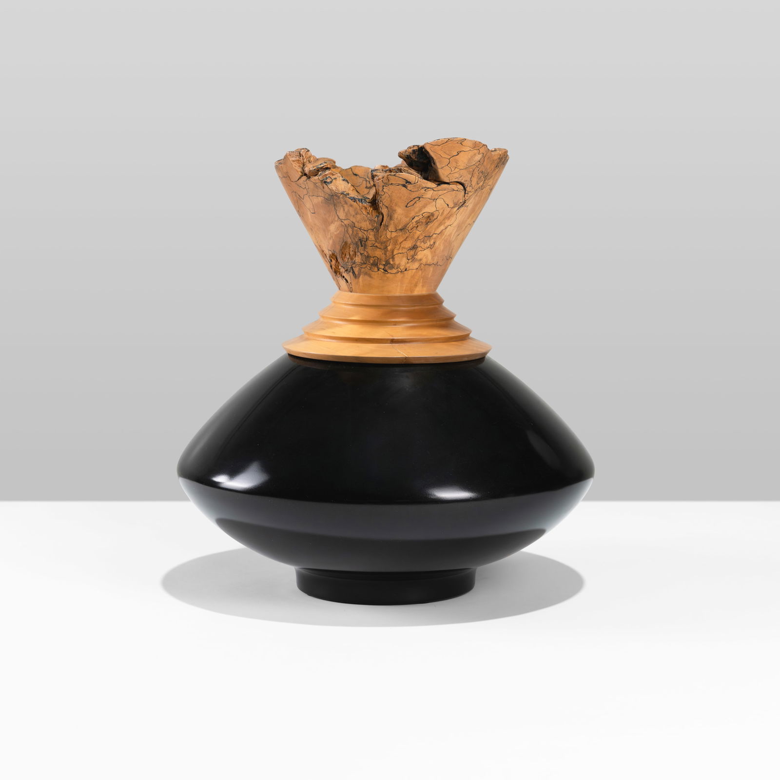 Johannes Michelsen - Turned Wooden Vase: A two tone, turned vase with burl mouth by Johannes, Michelsen, Vermont. Signed and dated on bottom, ?90.