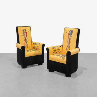 Pierre Chareau (After) - Club Chairs: A pair of vintage club chairs in black velvet with abstract needlework seats and backrests, after Pierre Chareau.