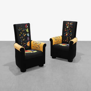 Pierre Chareau (After) - Club Chairs: A pair of vintage club chairs in black velvet with abstract needlework seats and backrests, after Pierre Chareau.