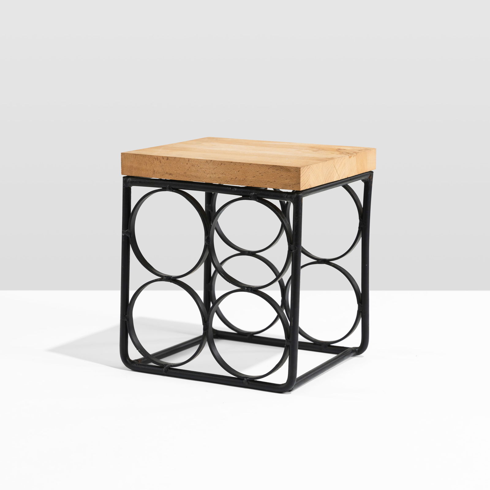 Arthur Umanoff - Wine Rack: A vintage iron wine rack by Arthur Umanoff with butcher block top.