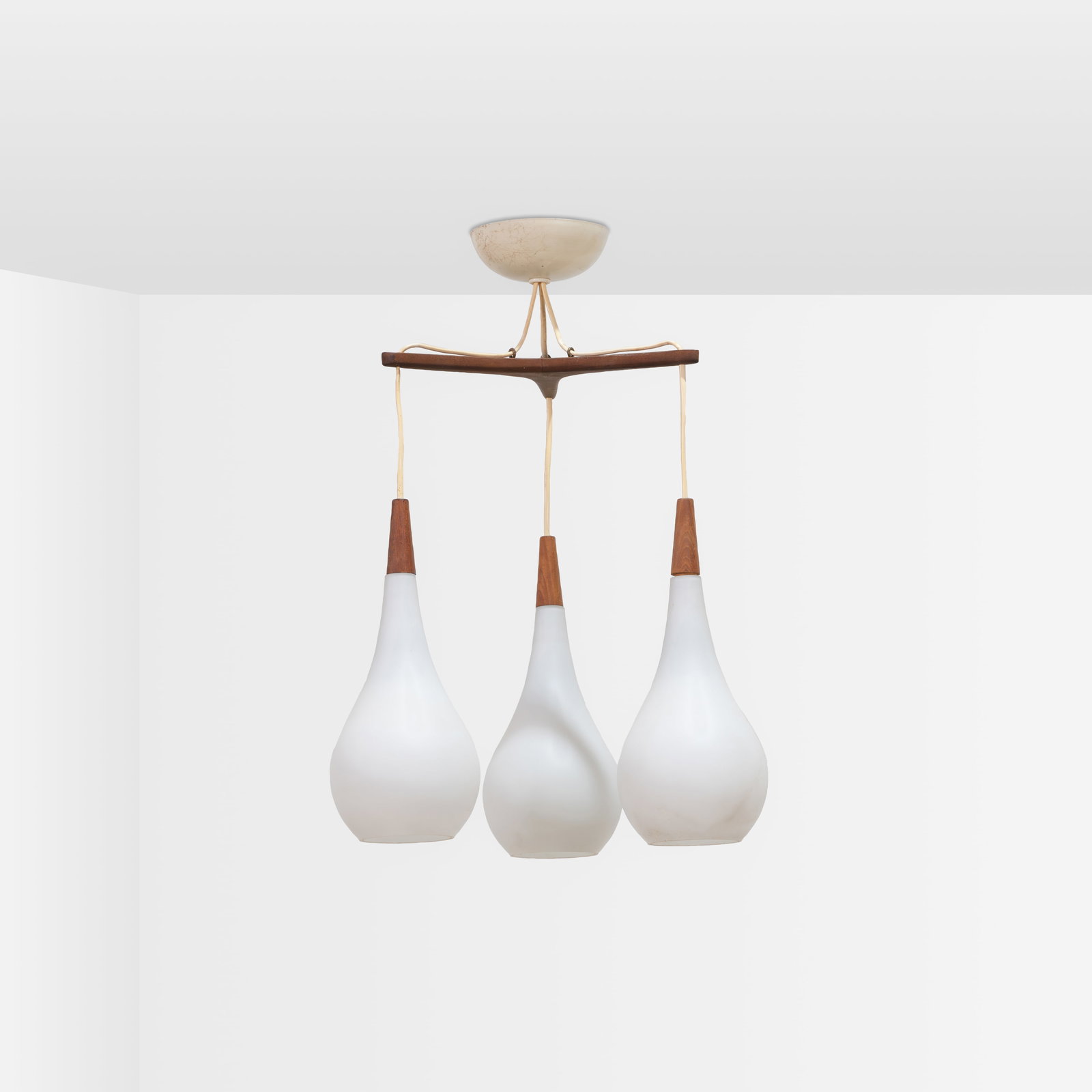 Danish Teak & Glass Fixture: A vintage teak and satin glass three light fixture. All measurements are in inches. Height x Width x Depth