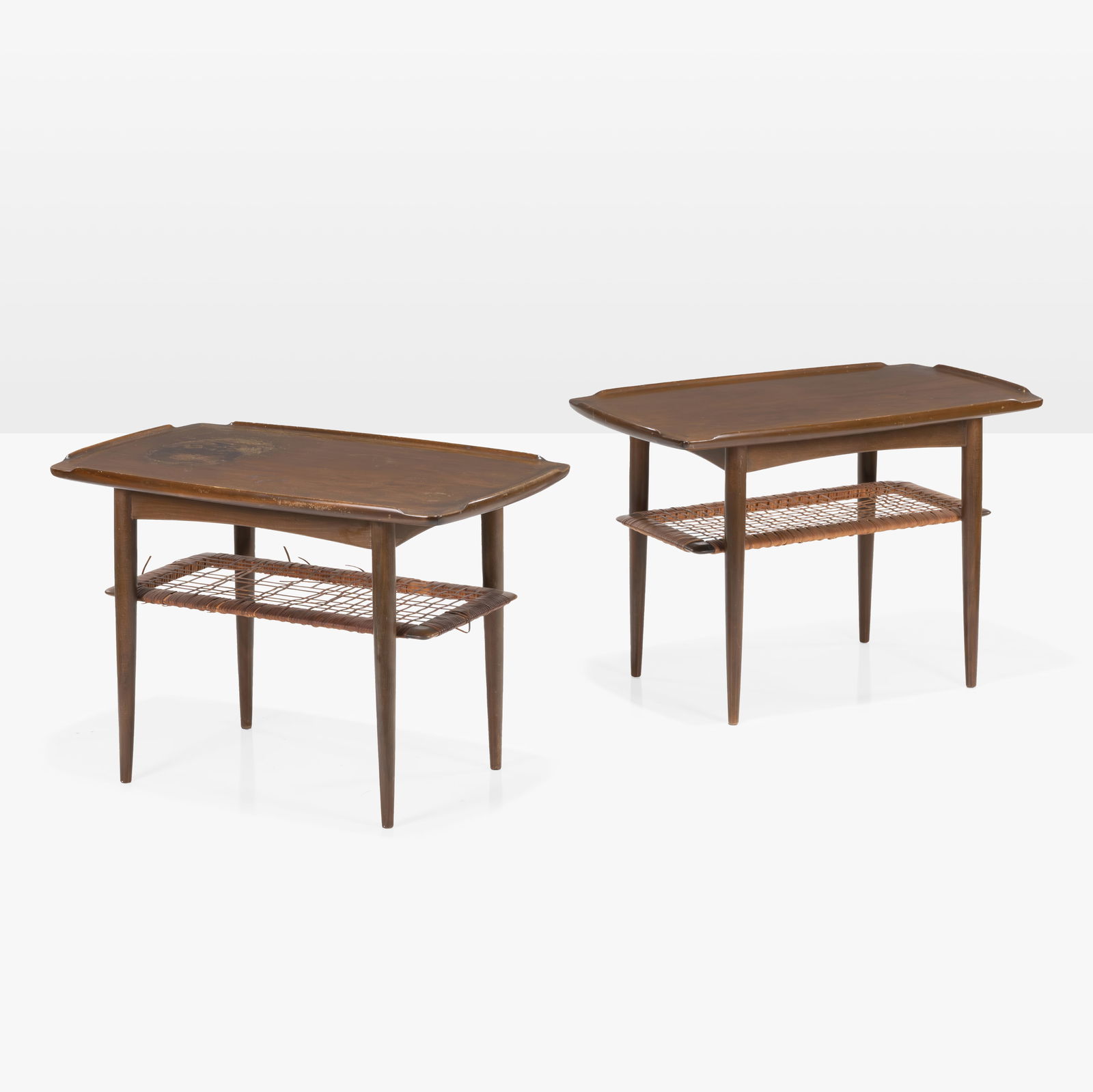 Poul Jensen - Side Tables: A pair of teak and cane side tables by Poul Jensen for Selig, Denmark. All measurements are in inches. Height x Width x Depth