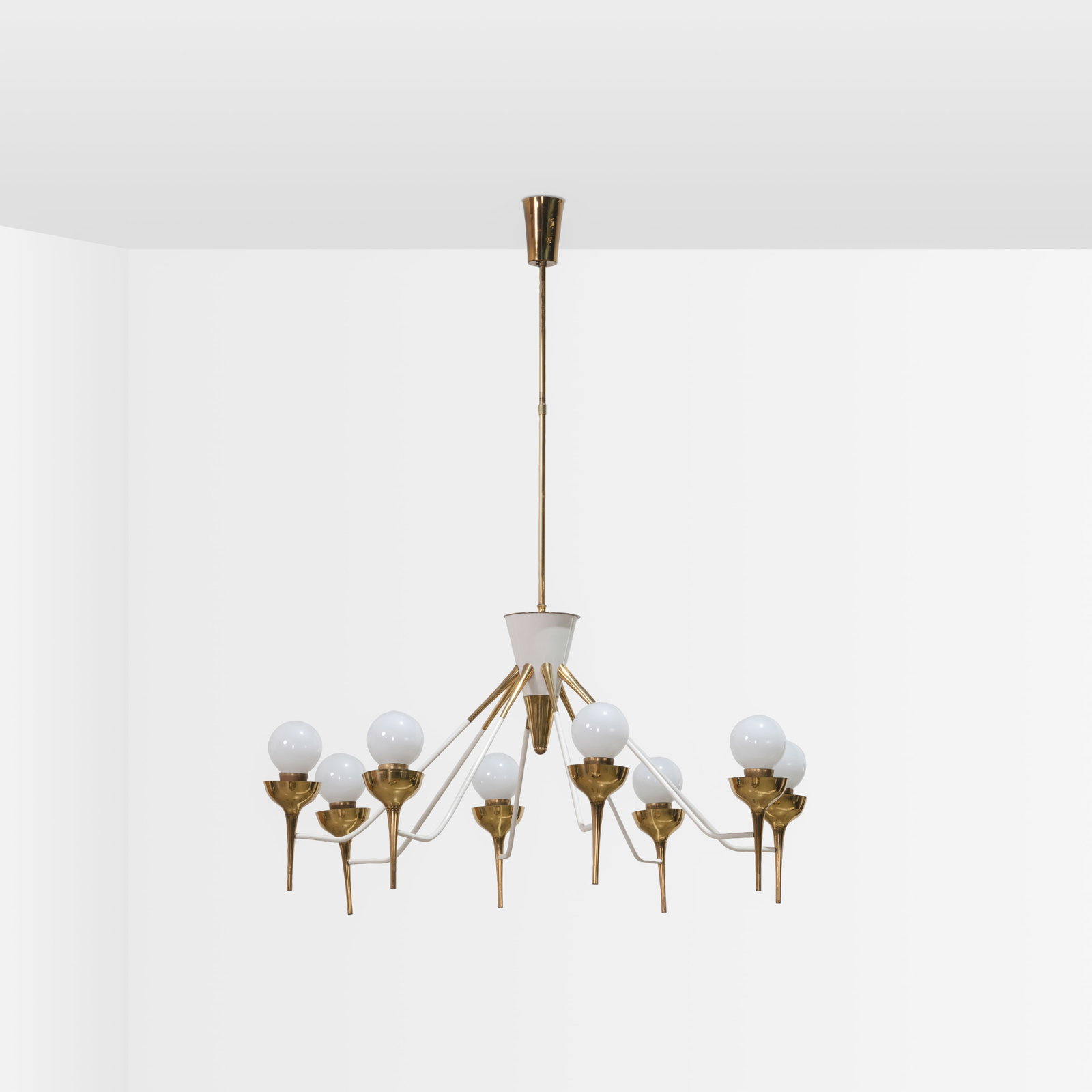 Italian Chandelier: A brass and white enameled Italian chandelier. All measurements are in inches. Height x Width x Depth