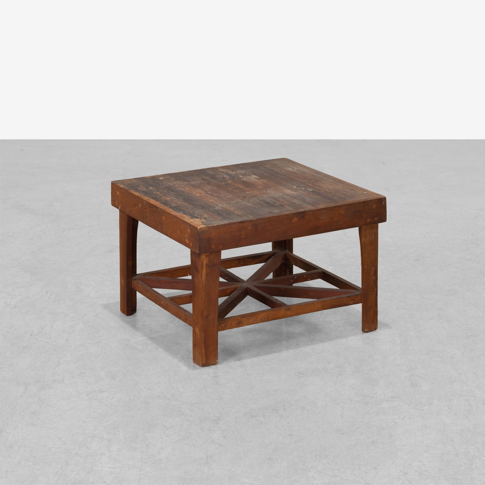 Brutalist End Table: A brutalist style end table with lower shelf and pinned construction. All measurements are in inches. Height x Width x Depth