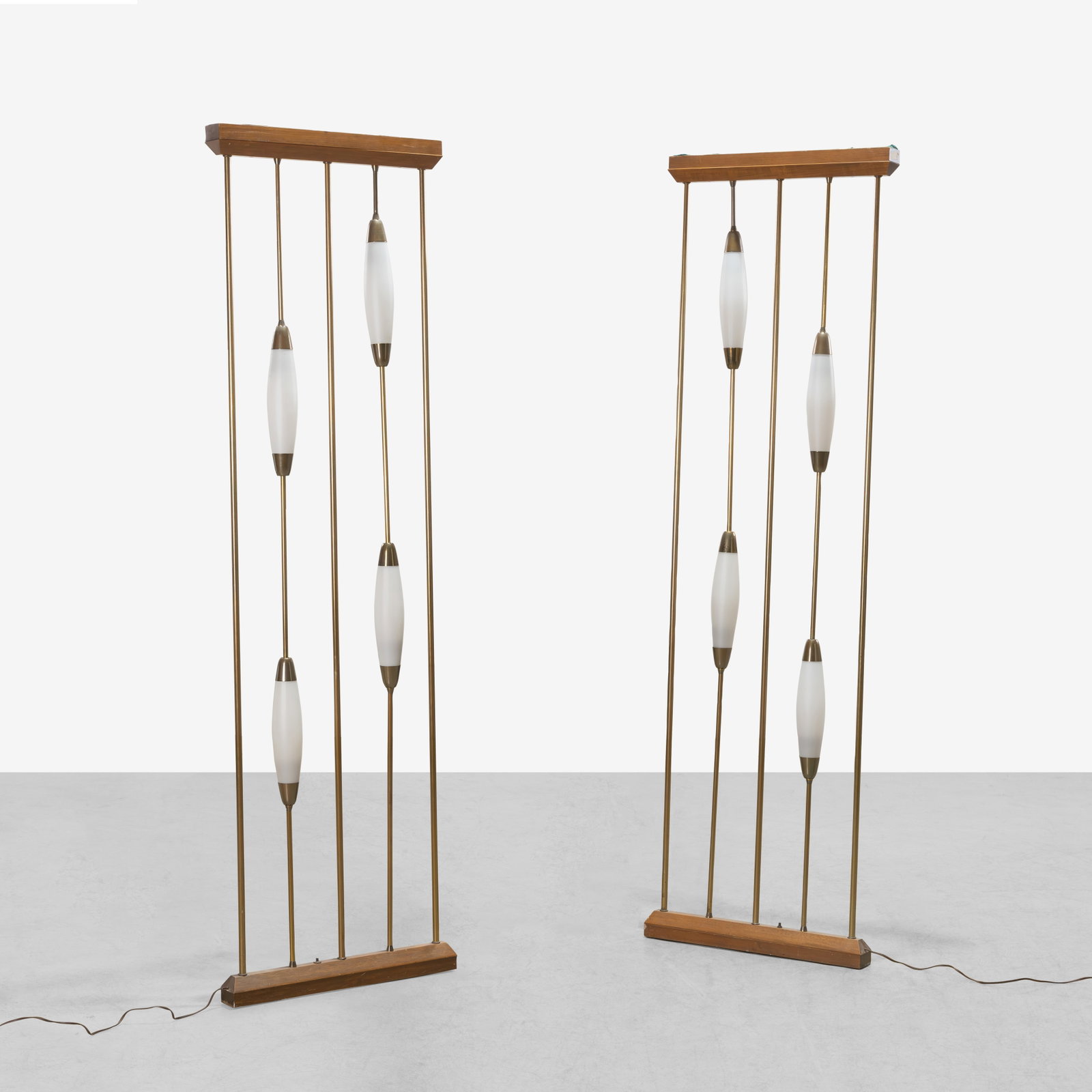 Lighted Room Divider: A pair of vintage brass and satin glass room dividers. All measurements are in inches. Height x Width x Depth